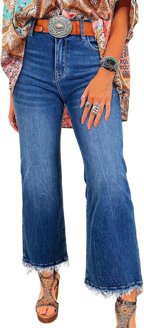 Astylish Womens High Waisted Jeans Stretchy Flared Straight Leg Loose Trendy Raw Hem Denim Pants (Blue), Size 10