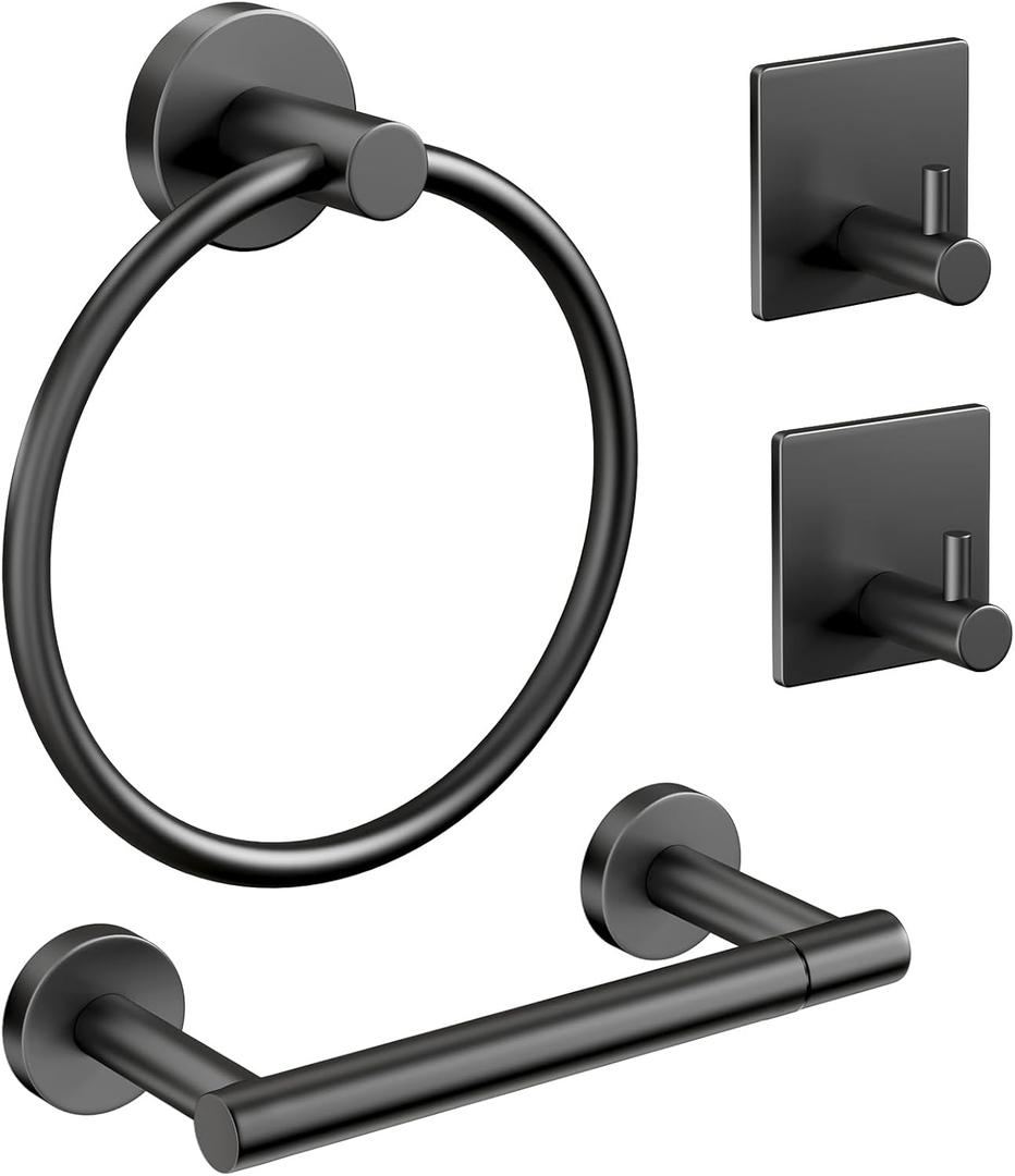Pokim Bathroom Hardware Set - SUS304 Stainless Steel Wall Mount Toilet Paper Holder,Hand Towel Ring,Robe Hooks,Rustproof,Matte Black,Easy Installation for Bathroom