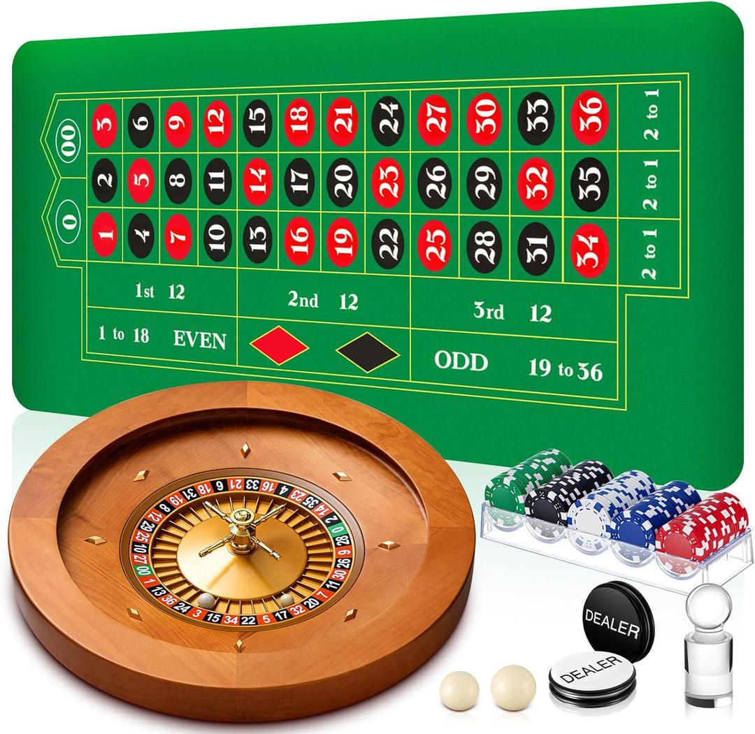 20'' Wooden Roulette Wheel Game Set Include 20'' Solid Wood Roulette Wheel with 4 Roulette Balls 35" x 16" Rubber Portable Roulette Tabletop Layout Mat 100 Chips Roulette Marker Dealer Button