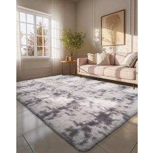 Ophanie 6x9 Tie-Dyed Grey&White Area Rugs for Living Room Bedroom, Fluffy Shag Large Fuzzy Plush Soft Throw Rug, Gray Large Shaggy Floor Big Carpets, Kids Home Decor Aesthetic, Nursery (6' x 9', 4- Tie-dyed Grey & White)