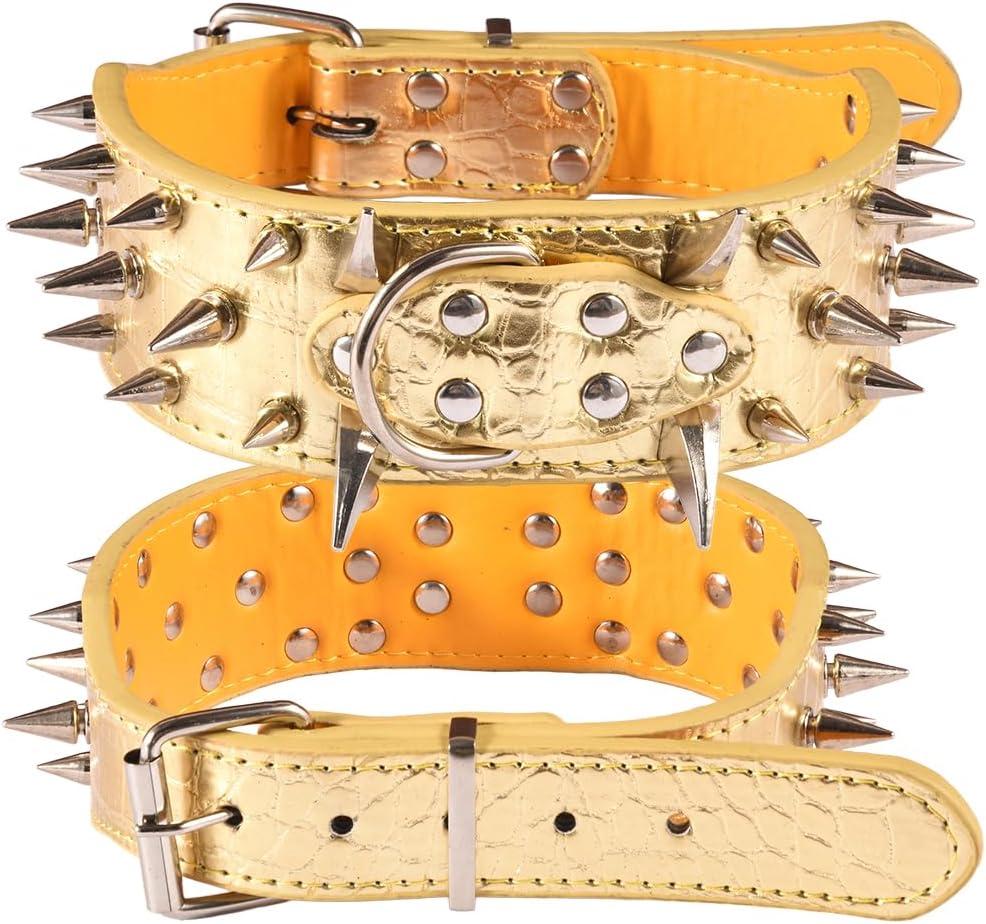 Spiked Dog Collar  2 Inch Wide Leather Dog Collar with Spikes for Medium Large Dogs, Punk Style Croc Pattern Protective Collar for Pitbull Mastiff Rottweiler (Gold, XXL (20.47  23.62 in))
