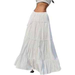 SOLY HUX Women's Maxi Skirt Drawstring Elastic Waist Ruffle Hem Long Flowy Skirts (Medium, Pure White)