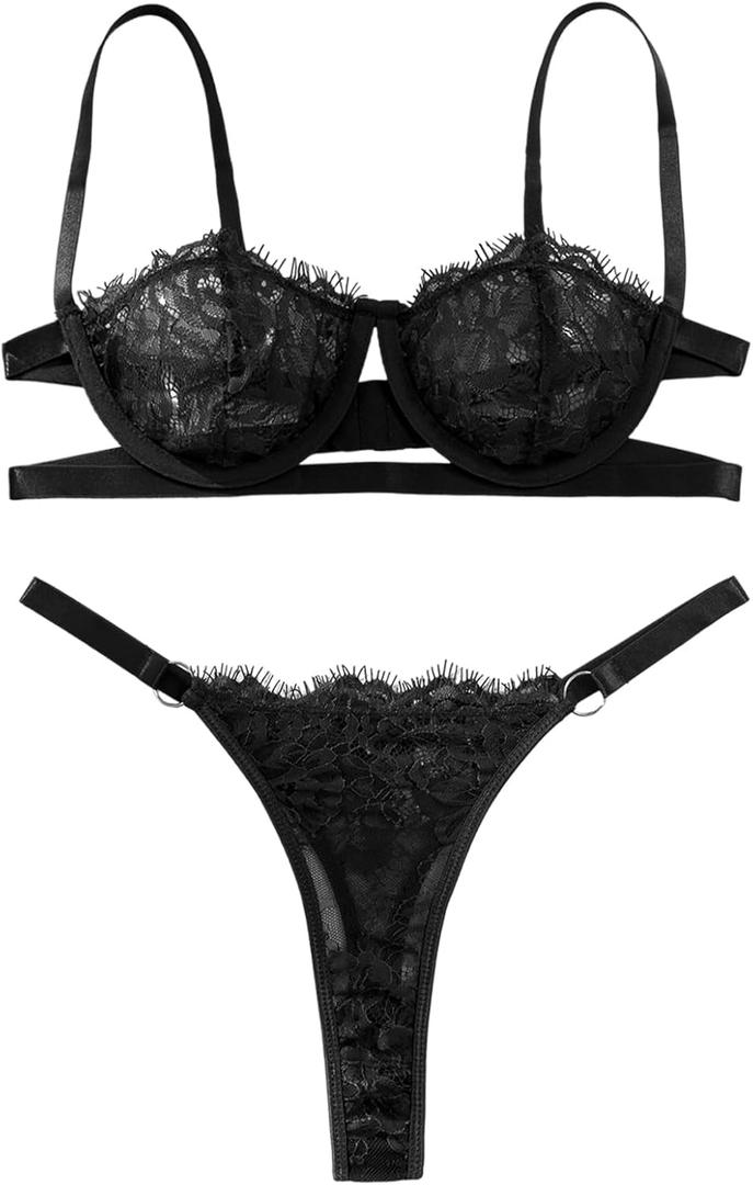 Lilosy Sexy Eyelash Underwire Floral Lace Sheer O Ring Linked Cutout Lingerie Set 2 Piece (Black)