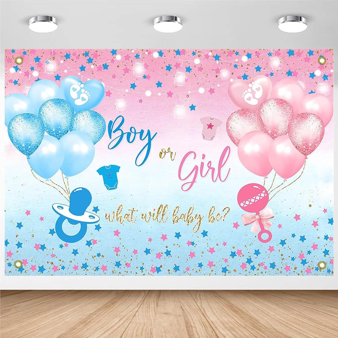 Avezano Gender Reveal Backdrop Boy or Girl Sign Banner Blue and Pink Stars Dots Balloon Theme Baby Gender Reveal Party Decorations Baby Shower Party Supplies (82.6 x 59.1 Inch)