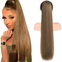 SEIKEA 28" Ponytail Extensions Drawstring Long Straight Fake Pony Tail Natural Soft Clip in Hair Extension Synthetic Heat Resistant Hairpiece - Ash Blonde with Golden Blonde (28 Inch 155G (Pack of 1))