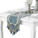 Embroidery Luxury Table Runner Jacquard Fabric Table Runner with Multi-Tassels for Dining Room Dresser Wedding Party Decorations, 13" x 82", Beige