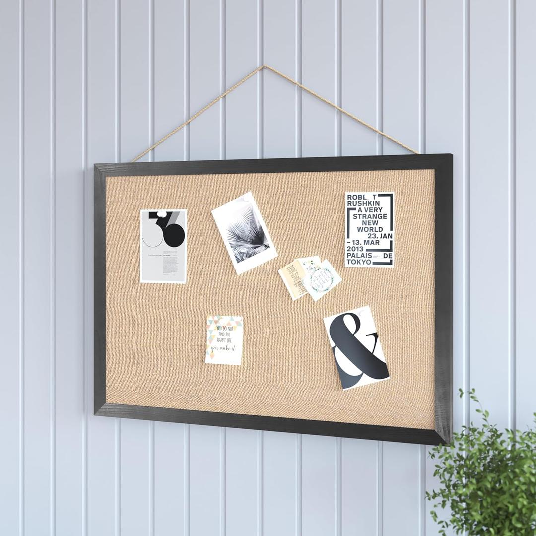 HBCY Creations Wall Mount Black Linen Board - 20" W x 30" H - 6 Wooden Push Pins - Solid Pine Wood Frame - for Kitchen, Classrooms, Restaurant Menus and More!