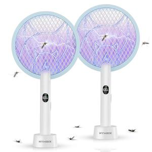 Nymrix Electric Fly Swatter Racket, 2 in 1 Mosquito Bug Zapper 4100V Handheld Mosquito Killer with 1800 mAh Rechargeable Battery, Purple Light Stand 3-Layer Safety Mesh for Indoor Outdoor Blue Two-Pack