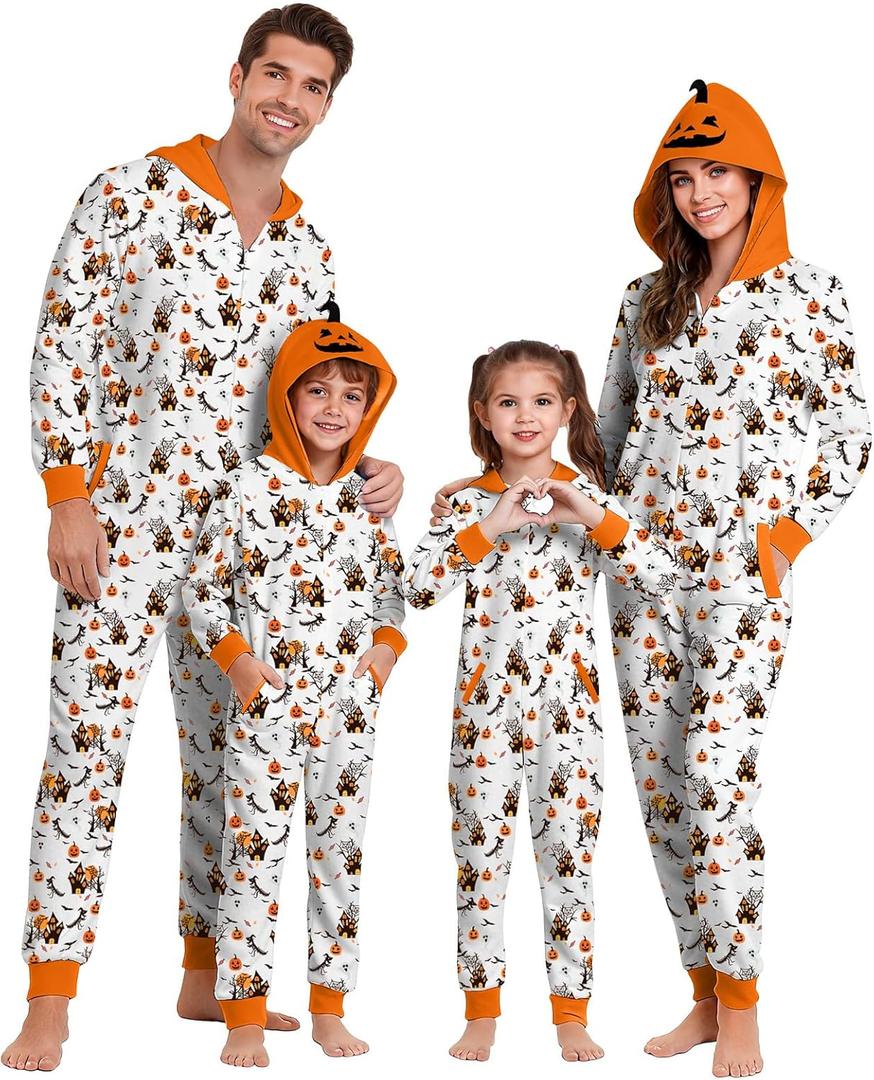 Christmas Family Pajamas Onesie Hooded Vacation Novelty Allover Pattern Sleepwear for Men Women Kids (Large, Halloween Pumpkin)