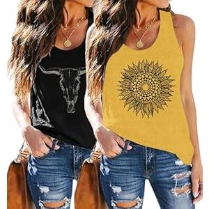 Womens Cow Mandala Racerback Tank Tops 2 Pack Sunflower Graphic Tanks Summer Sleeveless Tops Casual Fashion Clothes (Black+Yellow, S)
