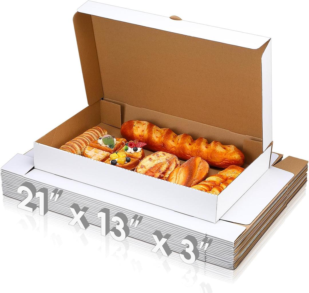 Dunzoom 20 Pcs Full Pan Corrugated Catering Box 21" x 13" x 3" Secure Stackable Food Delivery Container, White Bakery Cardboard Food Storage Boxes for Takeout Delivery