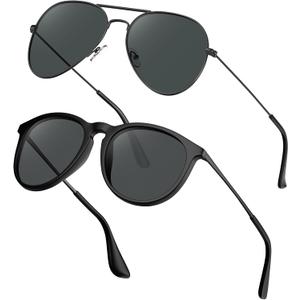 STGATN 2 Packs Round & Aviator Polarized Sunglasses for Women Men UV400 Protection (B. Round Matte Black/Grey + Aviator Black/Grey)