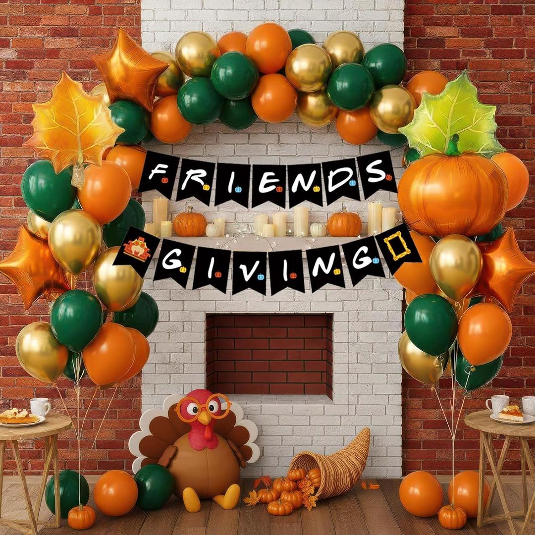 FriendsThanksgiving Decorations Party Supplies Friends Theme Party Banner Orange and Green Balloons Maple Leaf Star balloons for TV Show Fans Party Happy Friendsgiving Fall Thanksgiving Decorations