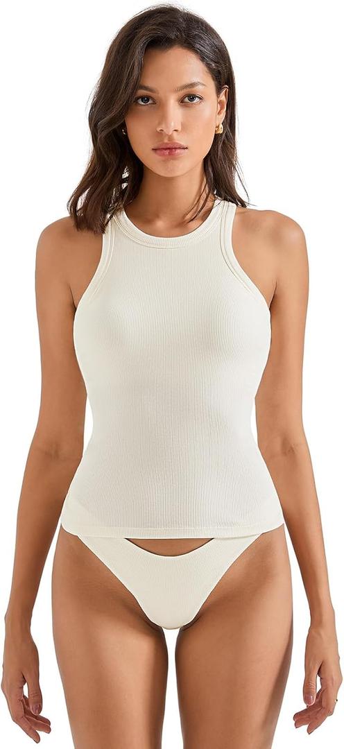 SUUKSESS Women Padded Cotton Ribbed Tank Tops Sleeveless High Neck Racerback Basic Tops(Cream White, S)
