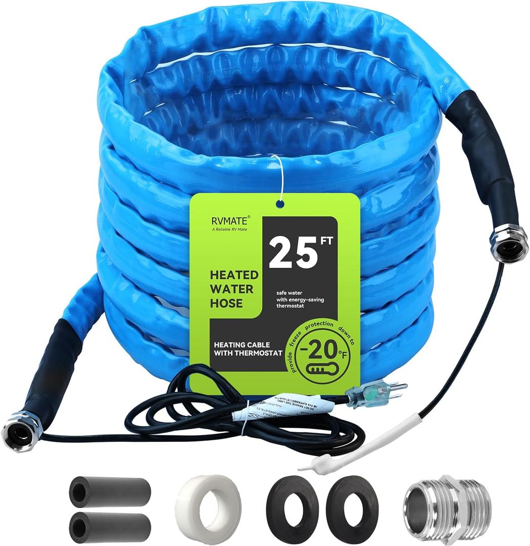 RVMATE Heated Water Hose for RV 25FT, -20  Antifreeze Heated RV Water Hose with Energy Saving Thermostat, for RV/Camper/Home/Garden, RV Accessories