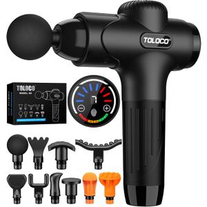 TOLOCO Massage Gun Deep Tissue, Percussion Massage Gun with 10 Replacement Heads, Super Quiet Portable Electric Massager for Athletes, Relax, Black