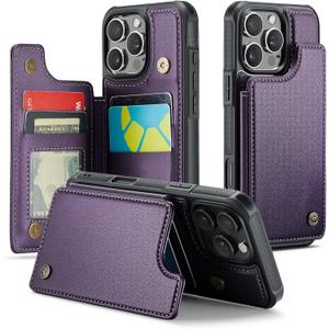 Compatible with iPhone 16 Pro 6.3" Wallet Case with Card Holder RFID Blocking for Women Men, Double Magnetic Clasp Kickstand Shockproof Phone Case Fit for iPhone 16 Pro, Purple