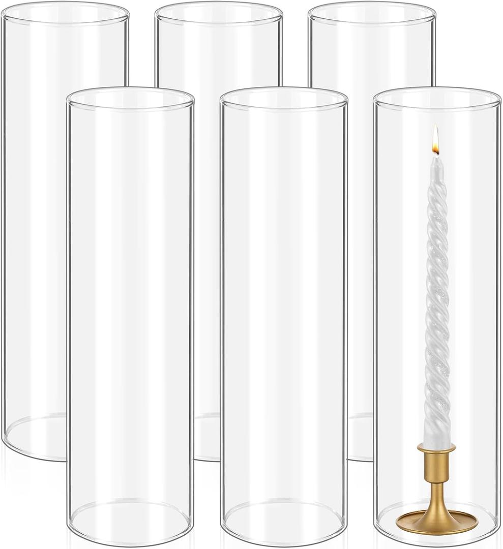 6 Pcs Hurricane Candle Holder Sleeve, H:12" D:4" Bottomless Glass Cylinder Candleholder Tall Clear Glass Cylinder Open Both Ends, Chimney Tube Cover, Open Ended Candle Shade