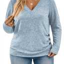 Oversized T Shirts for Women Dressy Long Sleeve Shirts Winter Solid Color Blouses Cute Elegant V Neck Tops 2XL Blue