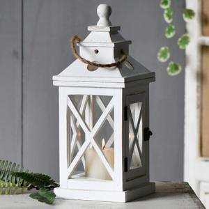 Solid Wood White Lanterns Decorative 16", Farmhouse Hanging Hurricane Lantern Outdoor Wedding Pillar Candle Holder with Windproof and Waterproof Glass for Fireplace Mantle Decor