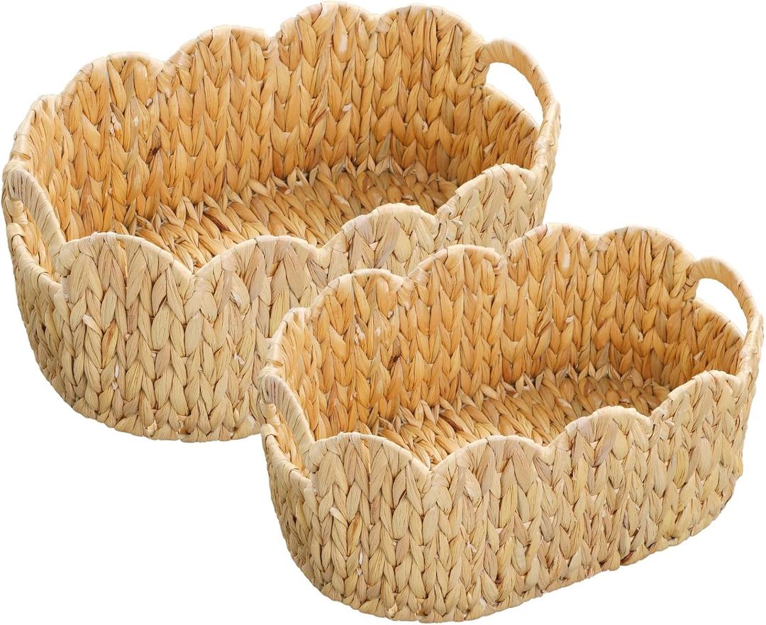 Scalloped Basket, Water Hyacinth Basket for Organizing and Decor, Hand-Woven Rattan Baskets with Built-In Handles for Living Room, Bedroom, Laundry, 2 Pack (Oval)