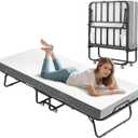 Folding Bed with Foam Mattress, Single Rollaway Bed for Guests, Space Saving Portable Beds with Lockable Wheels, 75" x 31" Twin Size Metal Bed Frame, Easy Assembly & MovingWhite