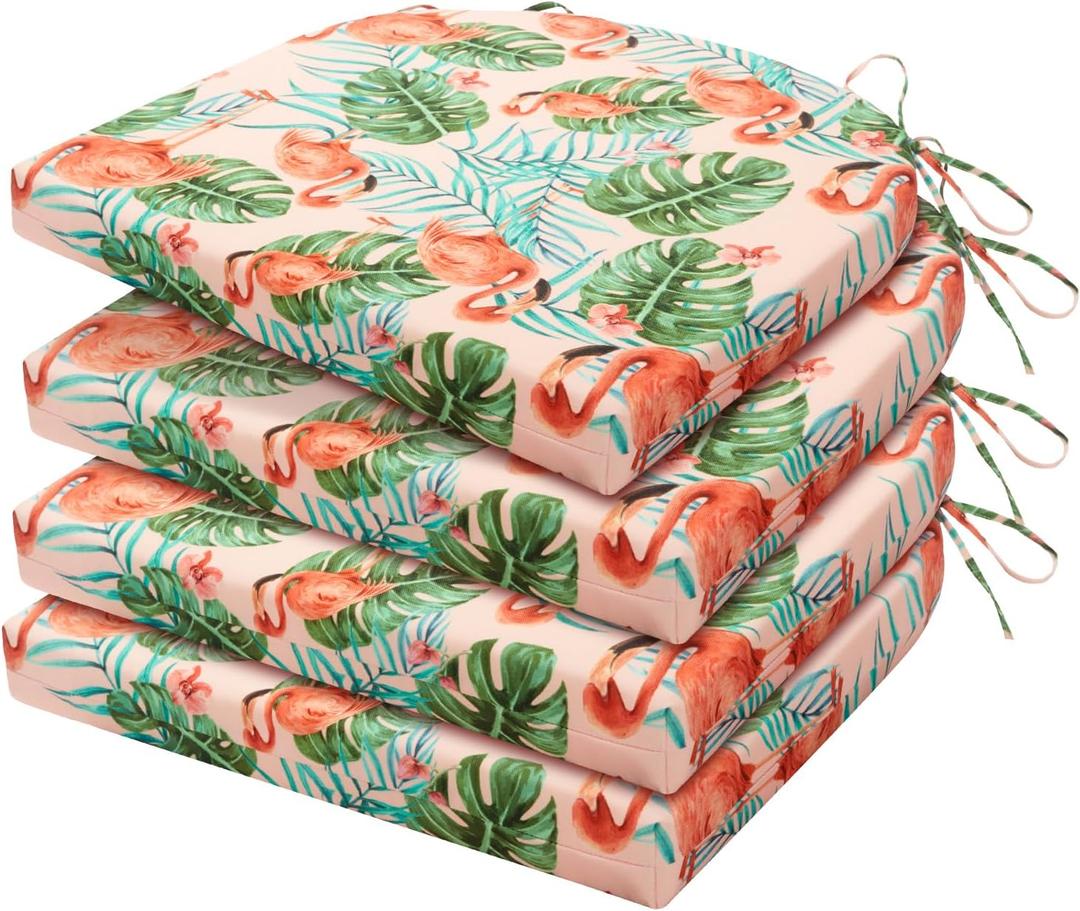 HARBOREST Outdoor Chair Cushions Set of 4, Water Resistant Patio Chair Cushions with Ties, Outdoor Seat Cushions for Patio Furniture, 17"x16"x2", Flamingo