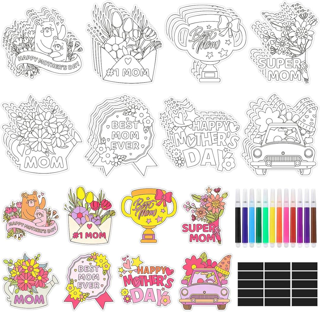 32 PCS Mother's Day Crafts Set Fridge Magnet Kit Paint Your Own Happy Mother's Day DIY Include 32 Magnet 24 Paint Pens Classroom Gifts Favors Party Supplies Home School Activities Decors