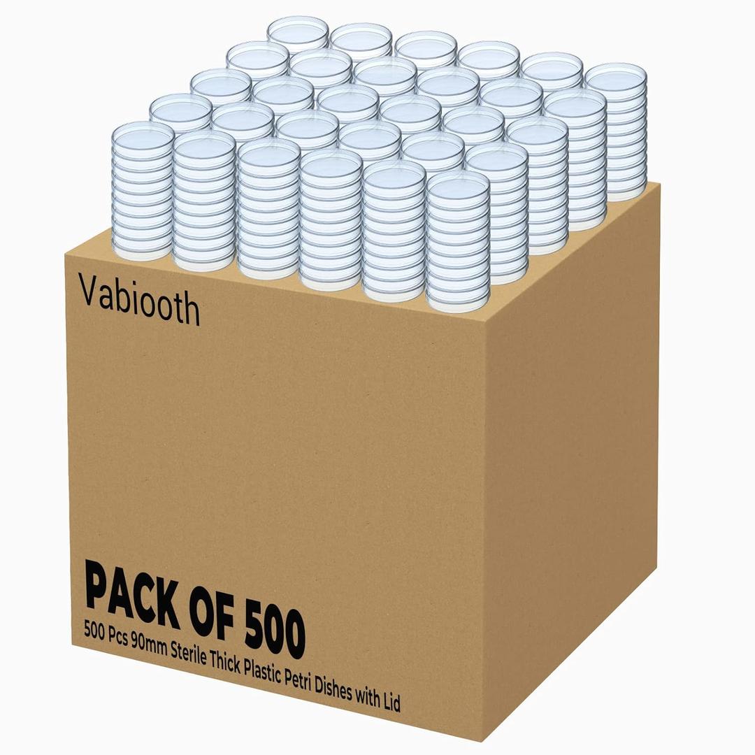 500 Packs Sterile Thick Plastic Petri Dishes with Lid, Vabiooth 90mm Dia x 15mm Deep Clear 3 Vents Petri Dish for Lab Science Experiment