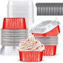 Mini Cake Pans With Lids (10oz,40 Pack) Aluminum Foil Square Cupcake Liners Brownie Baking Cups,Disposable 4x4 Large Cupcake Pan,Jumbo Muffin Tin Ramekins Holders (Red)