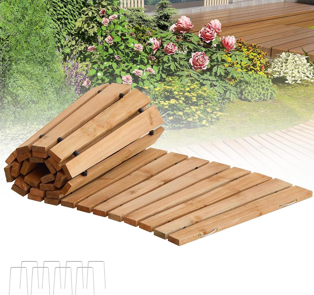 Wooden Garden Pathway Outdoor Roll-Out Walkway Weather-Resistant Fir Wood Curved or Straight Boardwalk Decorative Garden for Backyard,Beach,Wedding Party Pathways (Natural, 6FT Curved)