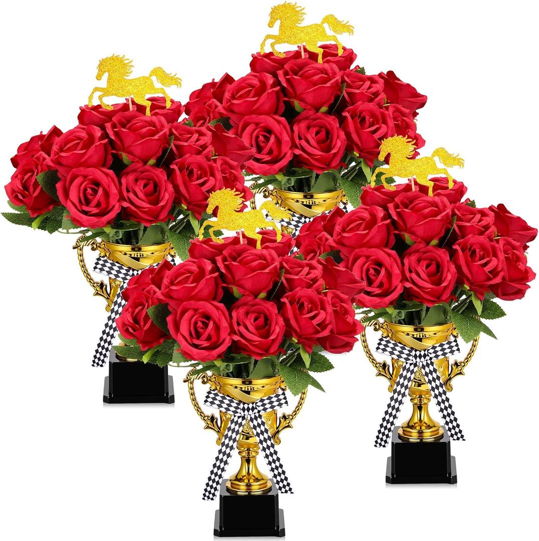 Kenning 4 Sets 34 Pcs Roses Table Centerpieces for Derby Day Party Decoration Horse Racing Centerpieces Sticks for Horse Themed Birthday Party Supplies Rose Themed Table Decor