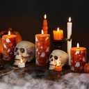 Burnt Orange Halloween Flameless Pillar Candles with Remote, Ghost LED Wax Candles Battery Operated Set of 3