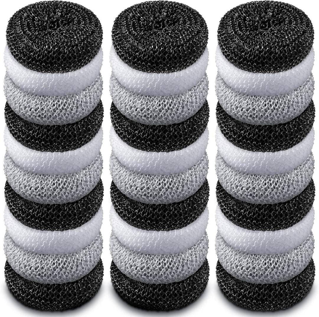 Blulu Plastic Dish Scrubbers for Dishes Pot Round Nylon Pad, Mesh Scouring Non Scratch Pads(Simple Colors,30 Pieces)
