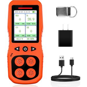 ZYKYCX 4 Gas Monitor Multi Gas Detector for O2, CO, H2S, Combustible Gas Tester, Rechargeable 4 Gas Leak Detector, Digital Gas Meter with Sound, Light & Vibration Alarm, Orange 