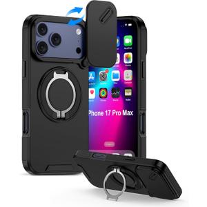 iPhone 17 Pro Max Case with Camera Cover & Ring Holder, 17 PRO MAX 6.9" Rugged Shockproof Protective Case, Slim Rugged Protection with Sliding Lens Cover & Kickstand for Apple iPhone 17 Pro Max-Black