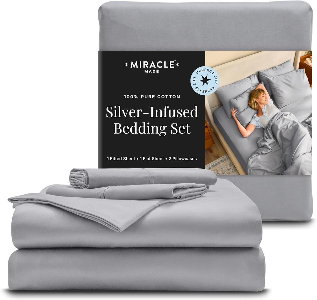 Miracle Made Cotton Bed Sheets  4 Piece Silver Infused, 300-Thread-Count Thermoregulating Miracle Clean & Cool  Sheet Set (Silver Grey, Twin)