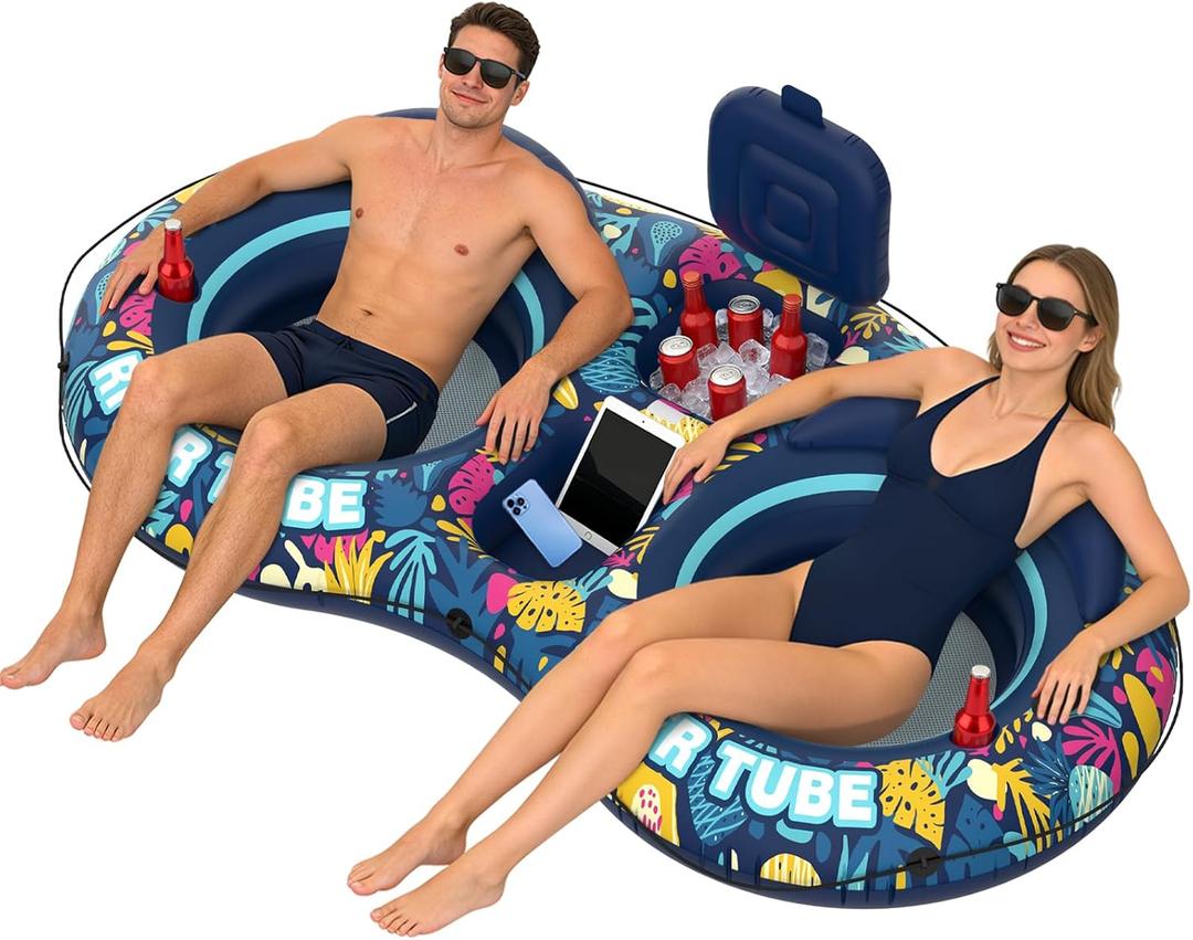 Pool Floats Adult, 2 Person River Tubes Inflatable 5-in-1 Heavy Duty River Raft with Backrests Builtin Cooler 2 Cup Holders Floating Lounge for Lake Swimming Tanning Pool Toys Summer Relaxation