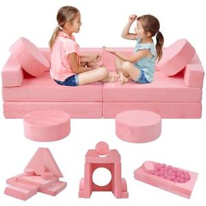 HOMFINE 16pcs Modular Kids Play Couch, Child Kids Couch Building Fort, Bedroom and Playroom Furniture for Toddlers, Convertible Foam and Floor Cushion for Boys and Girls, Pink
