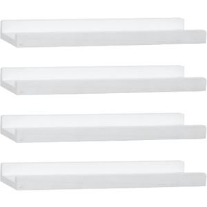 PHOENANCEE Picture Floating Shelves with Lip,Photo Frame Ledge Set of 4,Rustic Wood Storage Display Wall Mounted for Living Room Bedroom Kitchen Kids Nursery Book,Home Decor (White,17 Inch)