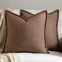 DEZENE 24x24 Linen Pillow Covers Brown Pack of 2 Farmhouse Boho Neutral Accents Striped Textured Square Decorative Throw Pillow Cases for Living Room Couch Bed Home Decor