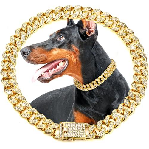 LEIFIDE Dog Chain Collar Gold 20 mm Wide Diamond Collar Large Dog Necklace Metal Pet Crystal Collar Jewelry Accessories for Medium Large Dogs(22 Inch)