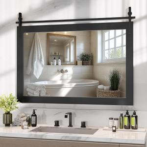 Hasipu Farmhouse Bathroom Mirror, 48"x32" Rustic Wood Framed Wall Mounted Mirror, Black Vintage Vanity Mirror Barn Door Style Decorative Mirrors