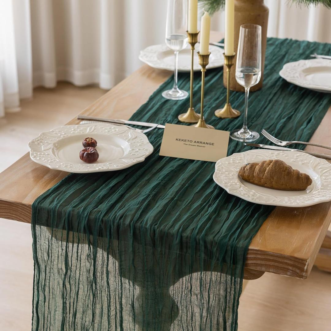 Keketoarrange Emerald Green Table Runner Sheer Table Runner Summer French Country Decor Rustic Gauze Bali Yarn Cheesecloth 120 Inch 10 FT Cheese Cloth for Wedding Baby Shower Bridal Shower Party