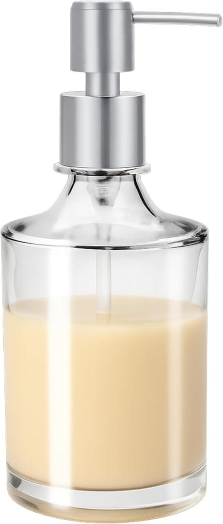 OGGI 10oz Round Glass Soap Dispenser with Satin Silver Pump  Elegant Refillable Oggi Soap Dispenser for Bathroom, Kitchen Sink, or Hand Sanitizer  Rust-Resistant Dispenser Pump for Daily Use (Clear)