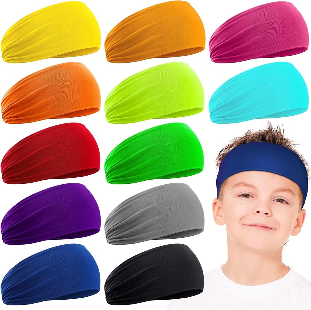 Zhanmai 12 Pcs Boys Headbands 16 Inch Boys Kids Sweatbands Boys Headbands for Sports Kids Headband Soft Athletic Sweatband Headbands Wicking Elastic Hairband for Girls Boys Youth (Assorted Colors)