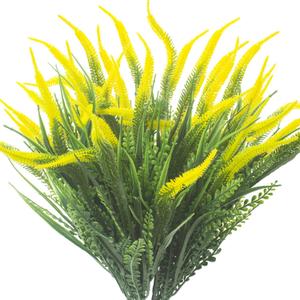 Grunyia 10 Bundles Artificial Plants Outdoor Fake Grass with Flowers UV Resistant Greenery Garden Porch Window Box Decorating (Yellow)