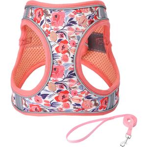 M Peach Flower Pattern Dog Harness and Leash Set,No Escape Puppy Harnesses for Training WalkingBreathable Adjustable Puppy Vest for Dogs, Cats (Peach, M)