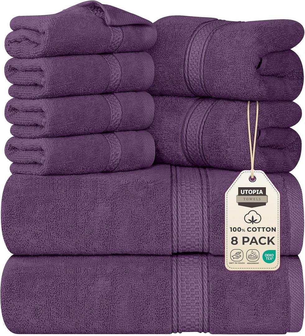 Utopia Towels 8 Piece Premium Towel Set, 2 Bath, 2 Hand, and 4 Wash Cloths, 600 GSM 100% Ring Spun Cotton, Highly Absorbent Towels for Bathroom, Gym, Hotel, and Spa, Plum