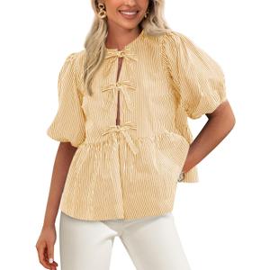 PRETTYGARDEN Women's Tie Front Striped Shirt 2026 Summer Trendy Fashion Cute Babydoll Tops Peplum Puffy Sleeve Blouse